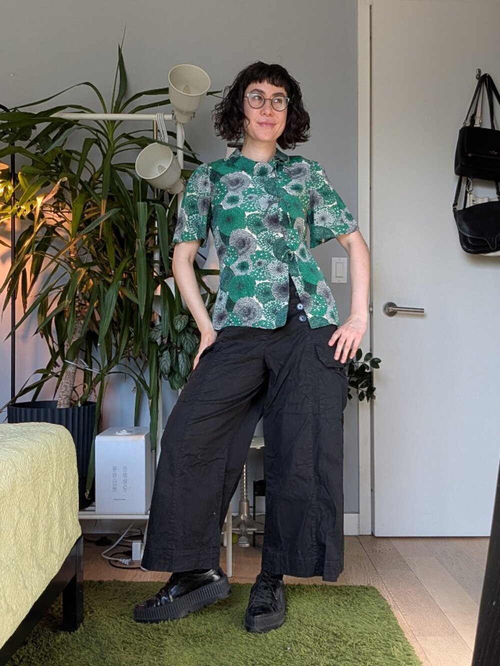 Green floral asymmetric blouse, size S (estimated)